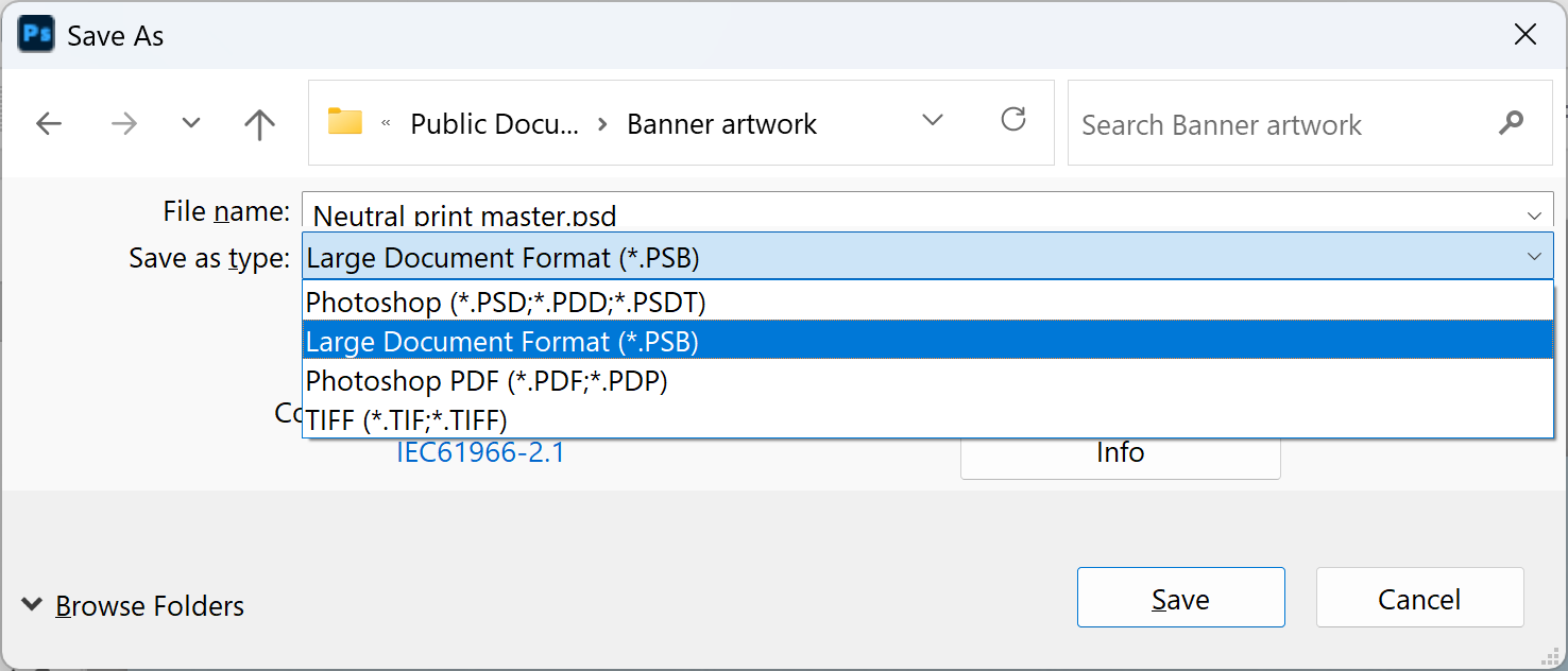 Photoshop Save As dialog with Large Document Format PSB selected