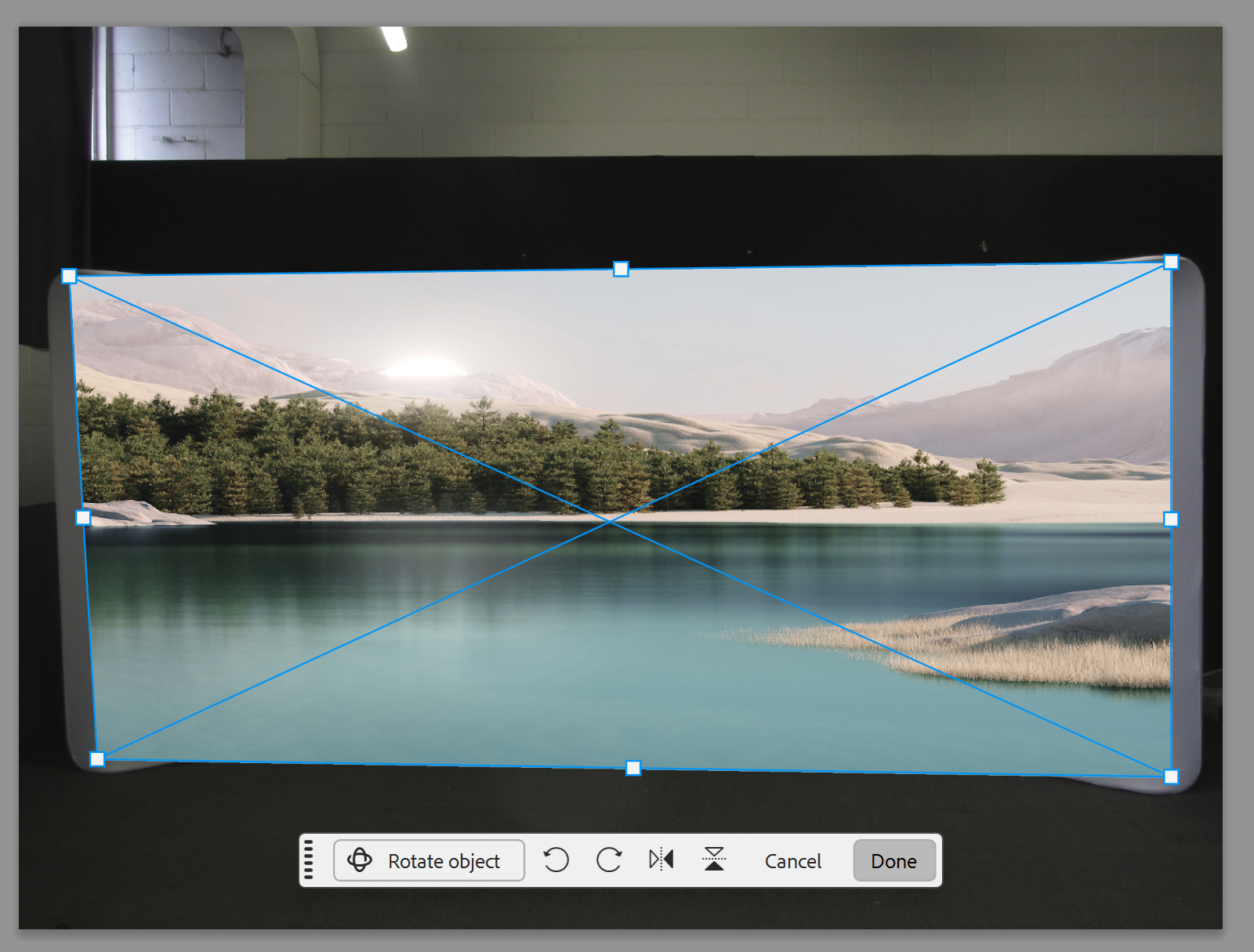 Photoshop Distort transform with the artwork's corner handles pinned to the corners of the stand graphic