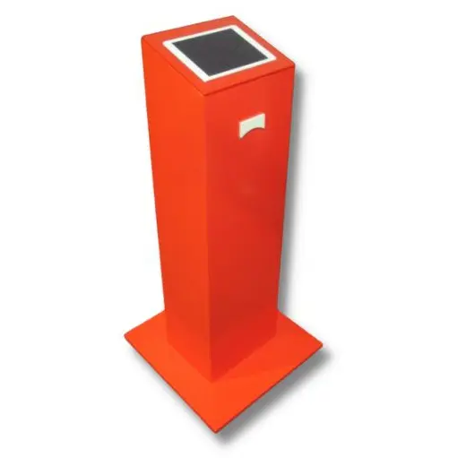 Orange acrylic floor stand holding an iPad at standing height