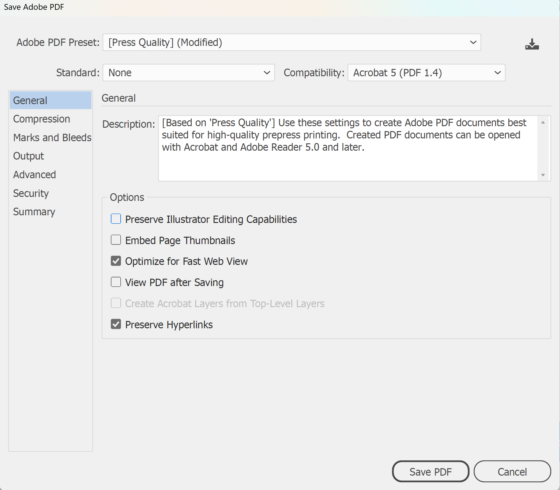 Illustrator Save Adobe PDF dialog with [Press Quality] (Modified) preset and Preserve Illustrator Editing Capabilities unticked