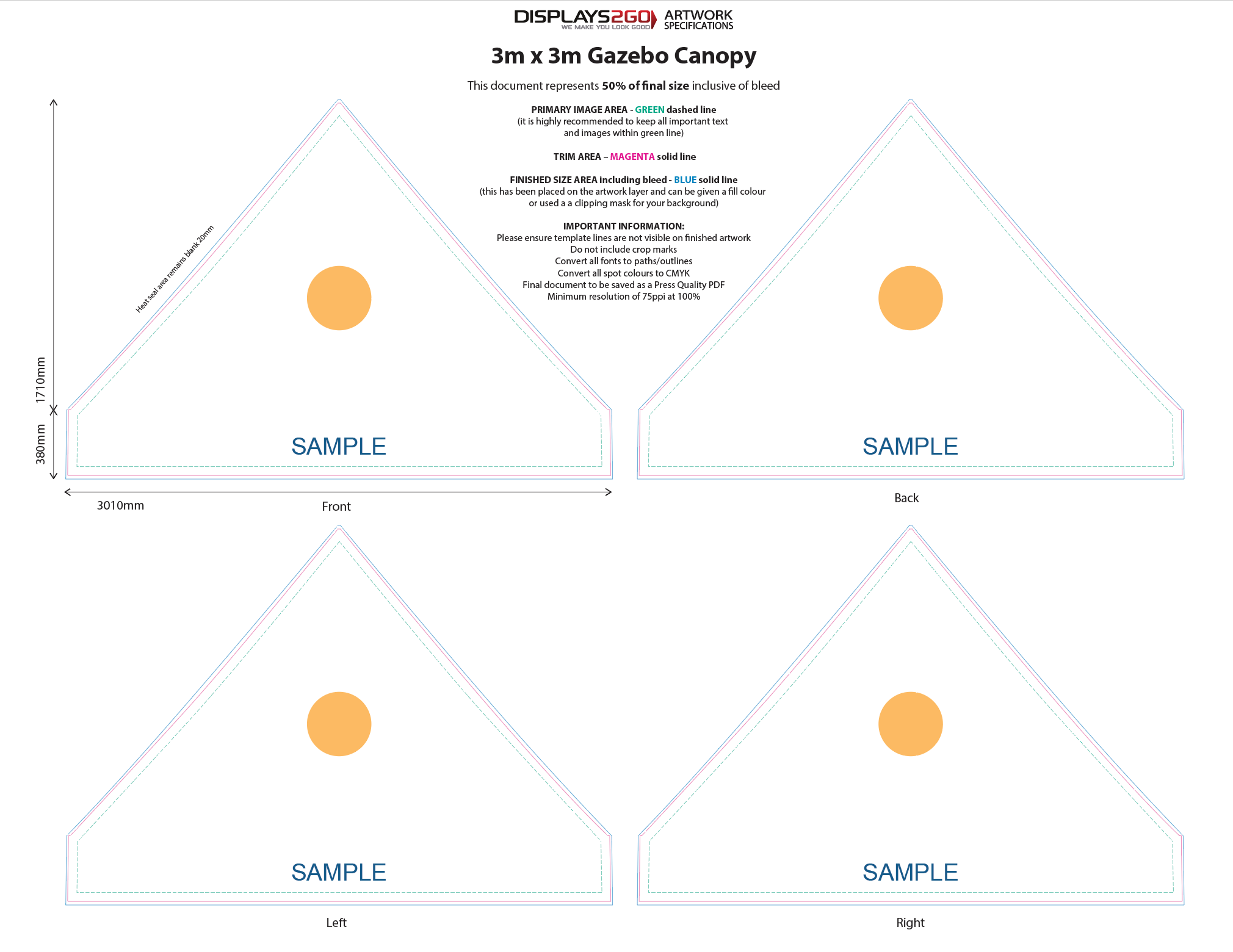 Marquee canopy artwork in Illustrator with a logo on each of the four panels inside the green safe area
