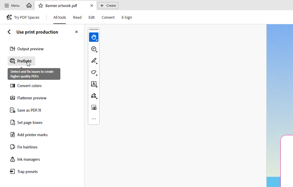 Acrobat All tools pane with Use print production and Preflight highlighted