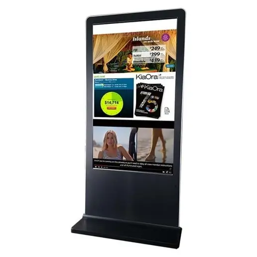 Portrait screen split into a travel offer, a Kia Ora magazine panel and video