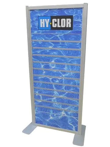 Freestanding HY-CLOR slatwall panel printed with pool water below a branded header