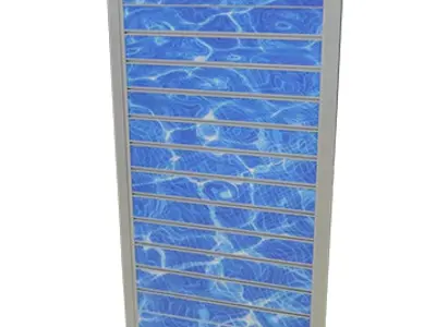 Freestanding HY-CLOR slatwall panel printed with pool water below a branded header