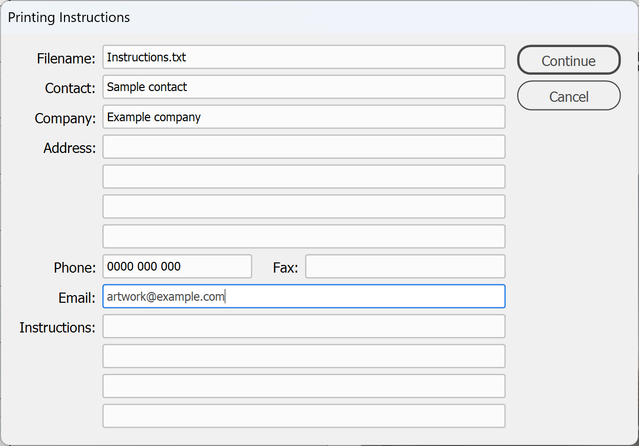 InDesign Printing Instructions dialog with contact details filled in