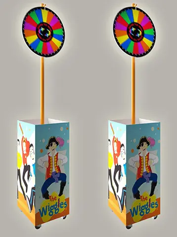 Concept design of The Wiggles dump bins on castors with colourful prize wheels on posts