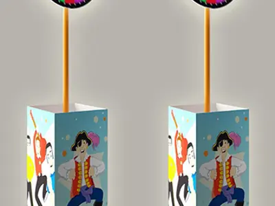 Concept design of The Wiggles dump bins on castors with colourful prize wheels on posts