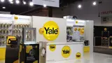 Trade show stand with pegged product walls and counter