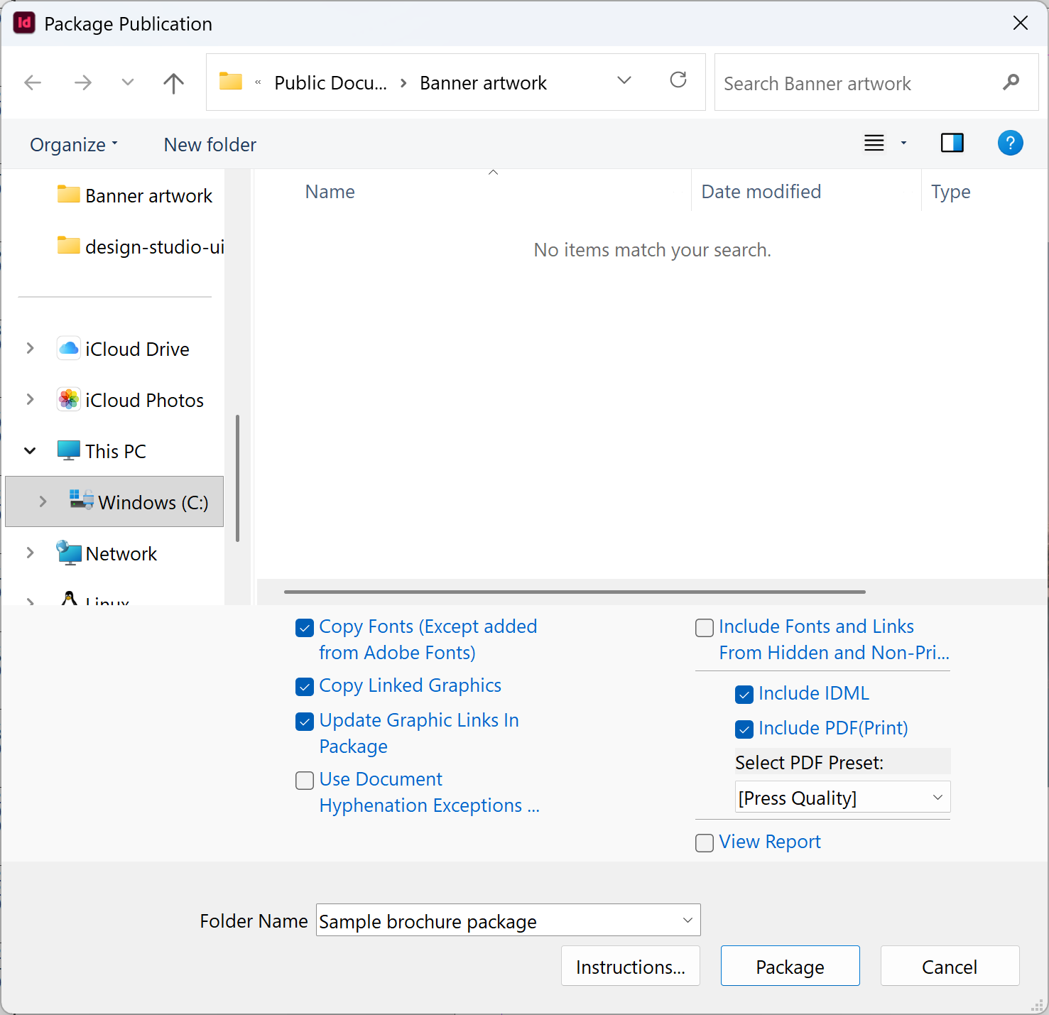 InDesign Package Publication dialog with fonts, links and print PDF ticked