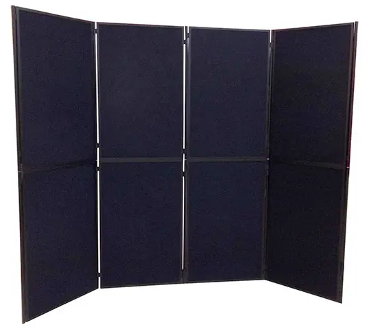 Eight navy display panels in a shallow bay with the outer wings turned towards visitors