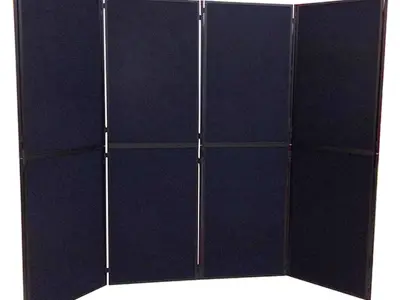 Eight navy display panels in a shallow bay with the outer wings turned towards visitors