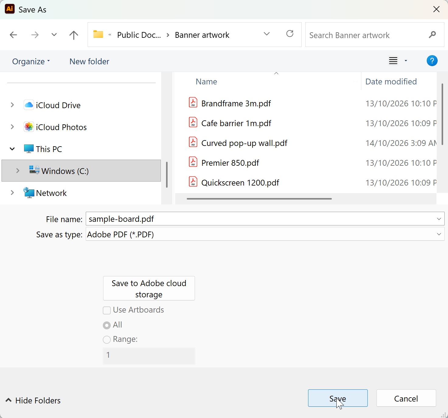 Illustrator Save As dialog with Adobe PDF chosen as the file type