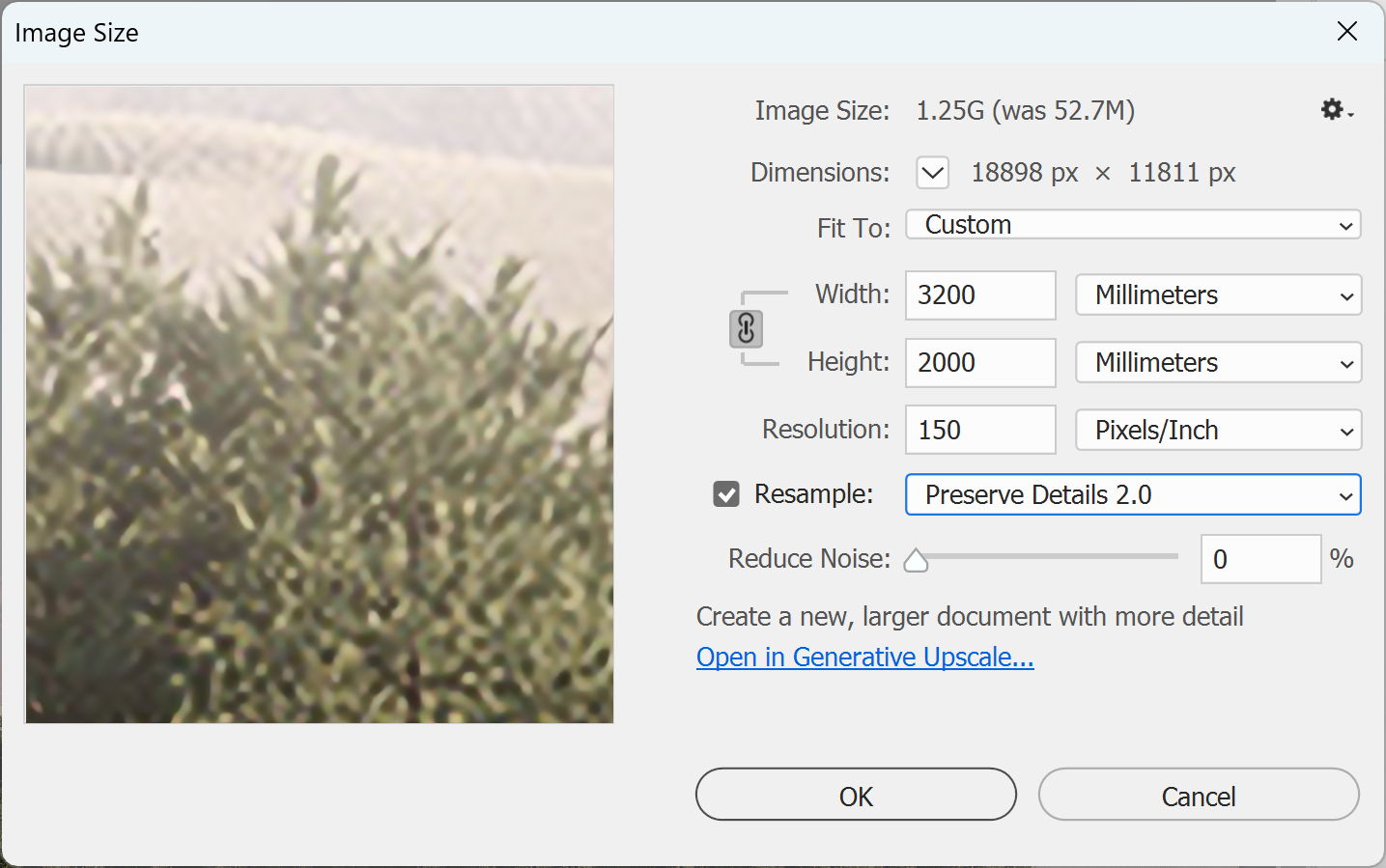 Photoshop Image Size dialog with Resample set to Preserve Details 2.0 and resolution 150