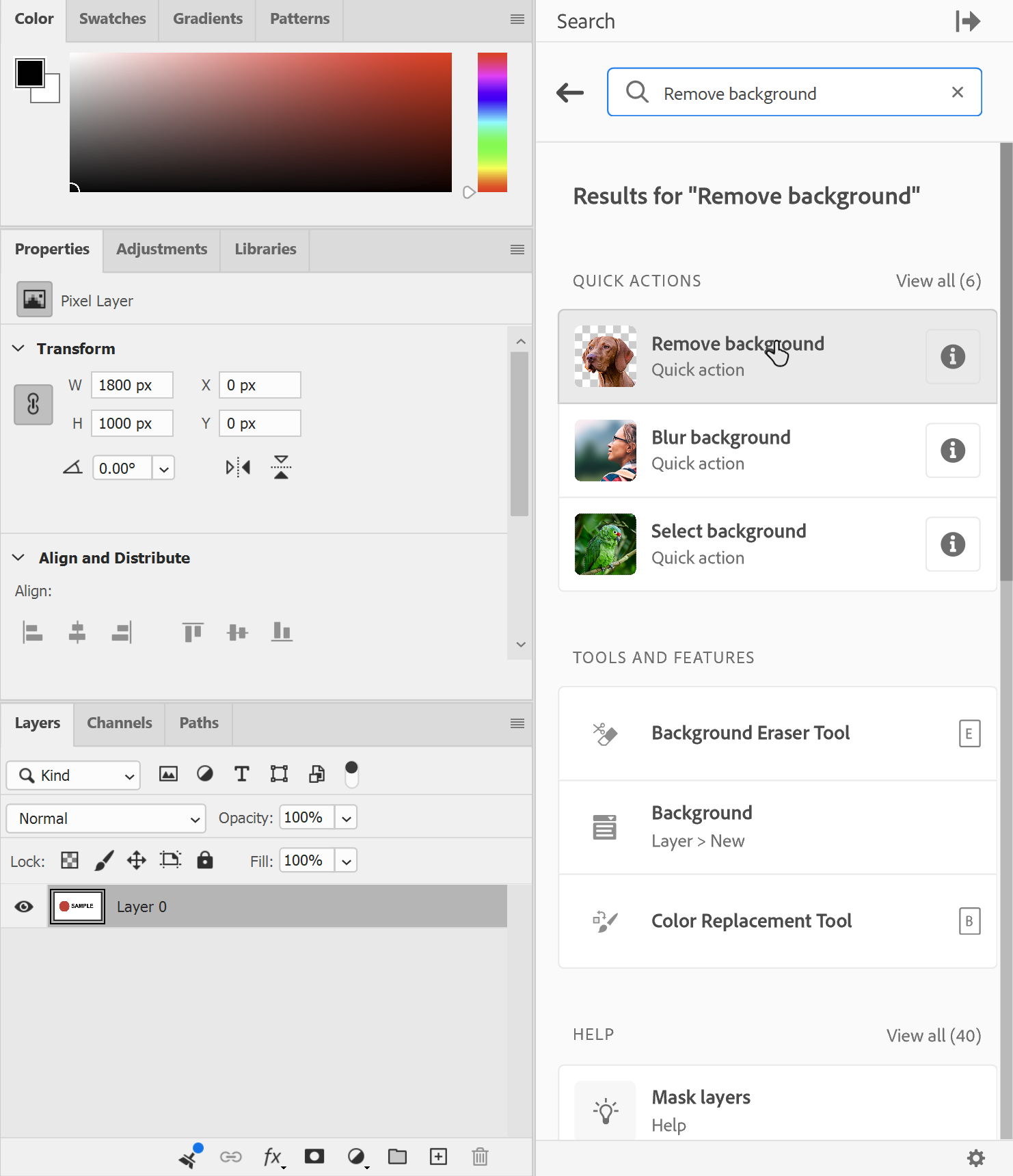 Photoshop Search panel with Remove background highlighted under Quick Actions and Layer 0 selected
