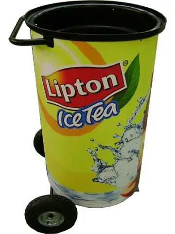 Yellow Lipton Ice Tea cart on two wheels with an open tub and side handle