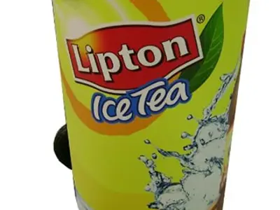 Yellow Lipton Ice Tea cart on two wheels with an open tub and side handle
