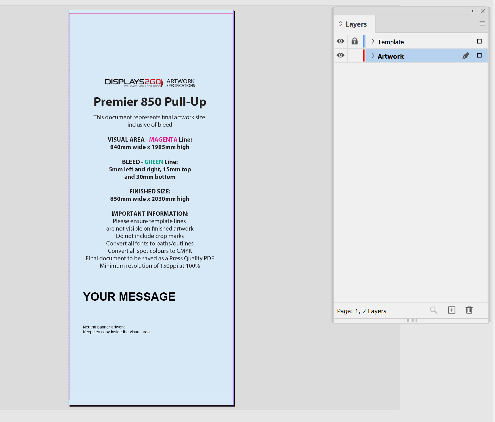 InDesign Premier 850 page with the template placed, locked Template layer above the selected Artwork layer
