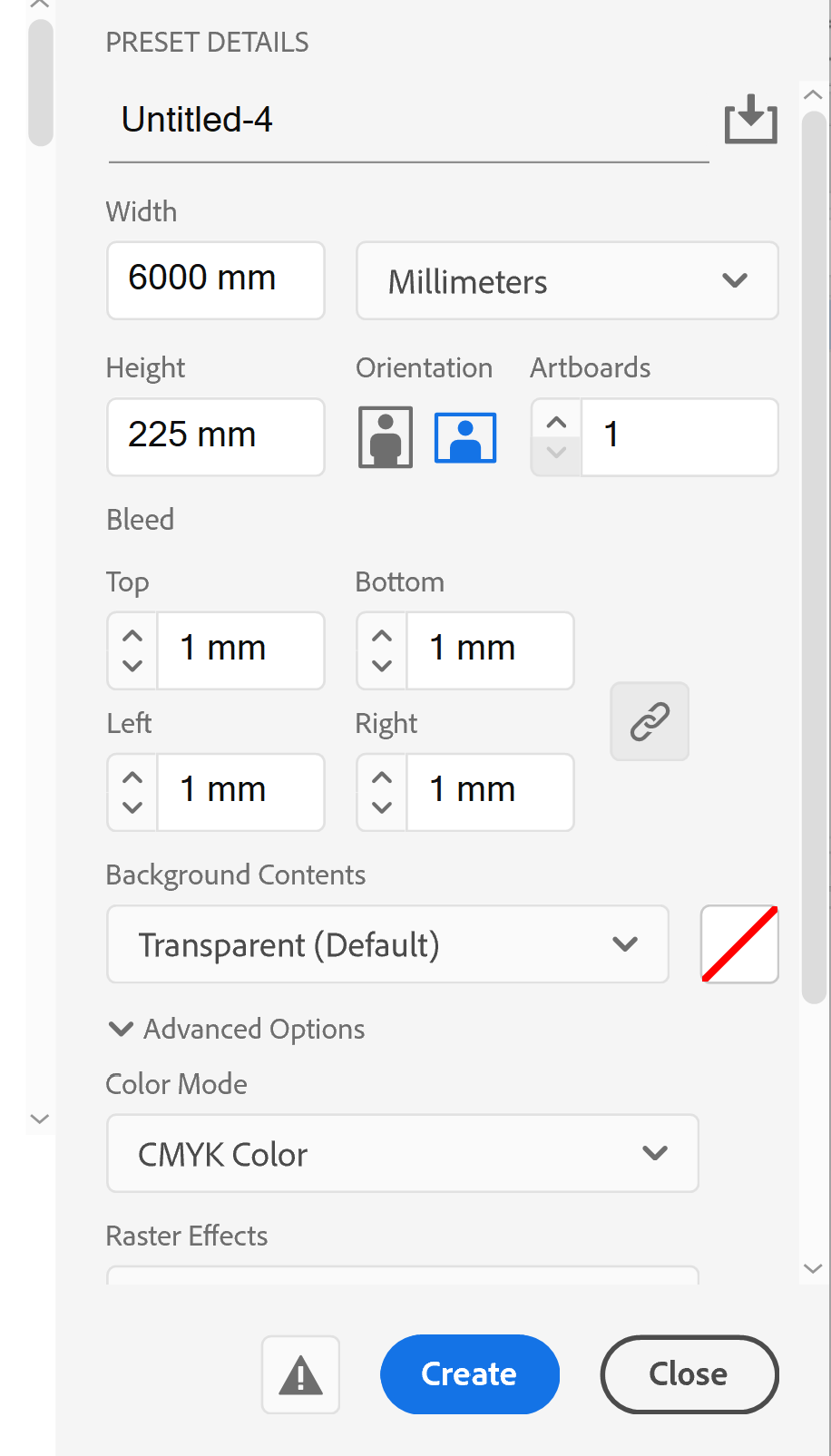 Illustrator New Document dialog showing the large canvas warning for a 6000mm width