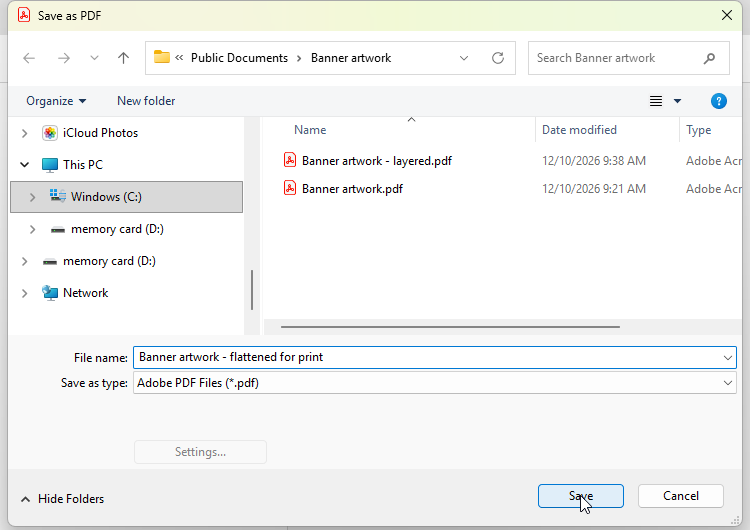 Acrobat Pro Save as PDF dialog with the copy renamed Banner artwork - flattened for print, pointer on Save