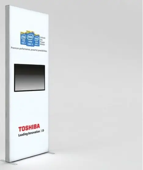 Concept design of a white Toshiba and Intel frame with a screen and processor badges