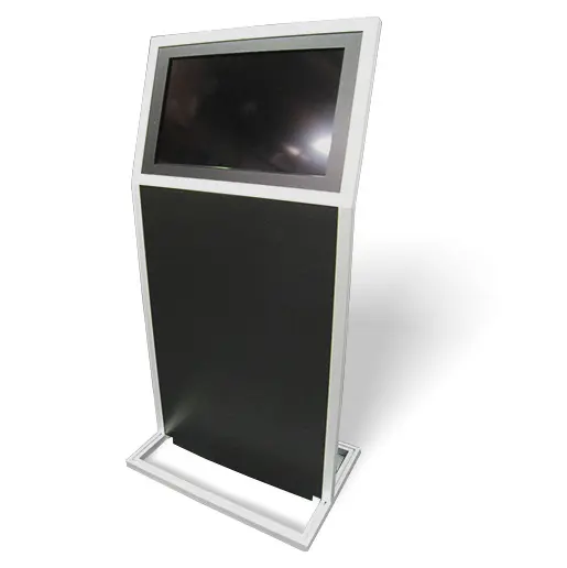Custom kiosk holding an angled landscape screen in a grey frame on a steel base