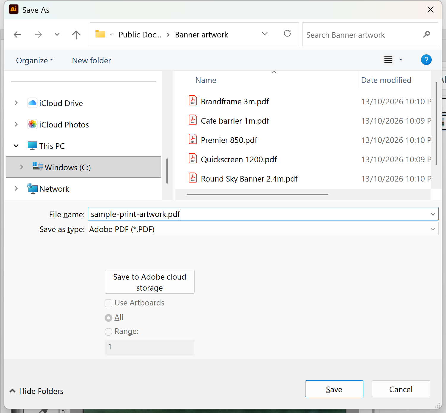 Illustrator Save As dialog with Adobe PDF chosen as the file type