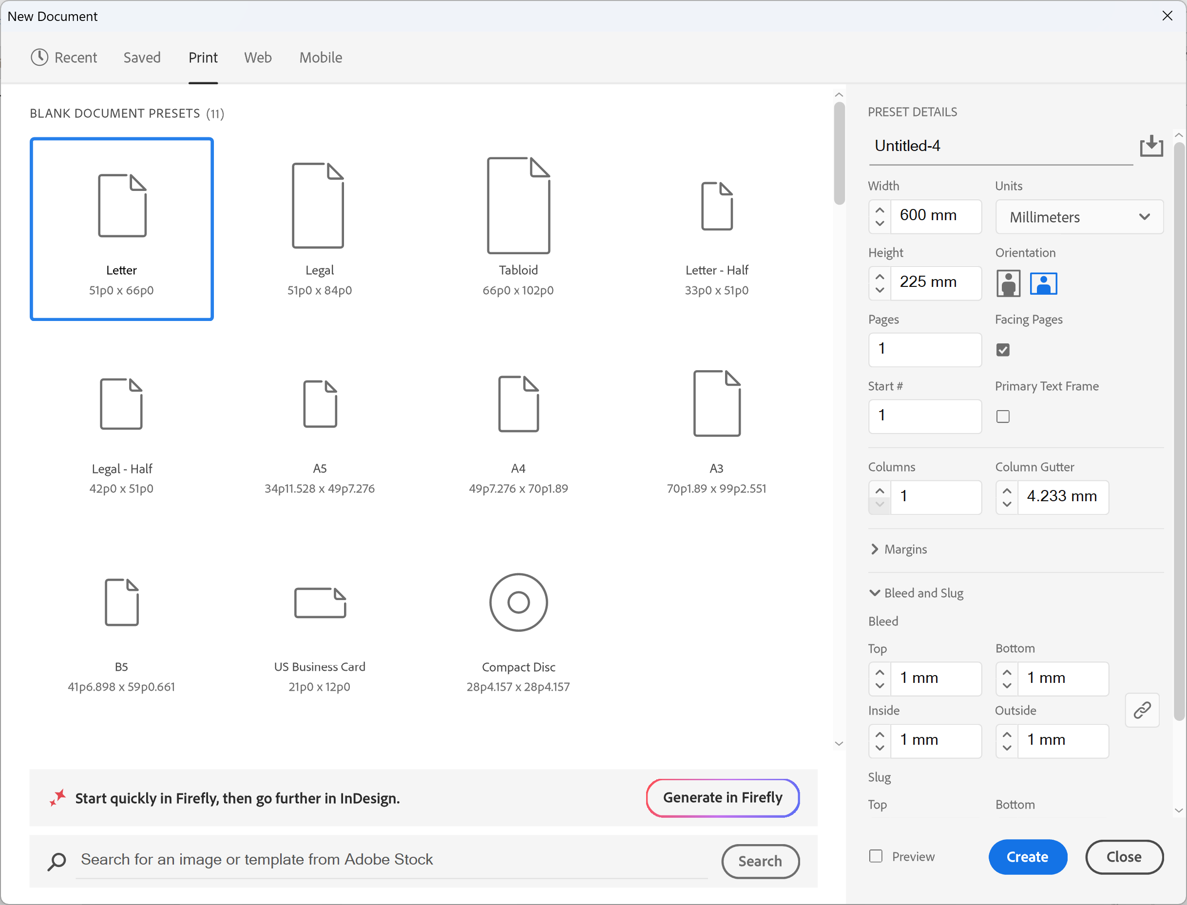 InDesign New Document dialog set to 600 x 225mm with 1mm bleed