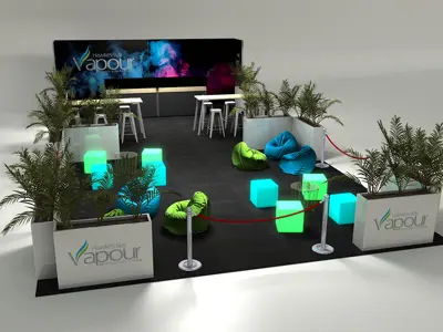 Concept design of a Hawke's Bay Vapour lounge with glowing cube seats and beanbags