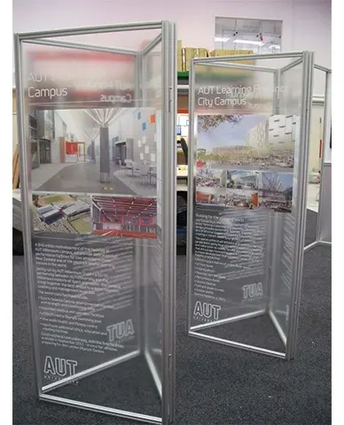 AUT campus displays with images on frosted infill panels in slim aluminium frames