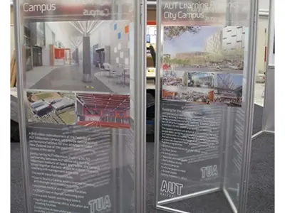 AUT campus displays with images on frosted infill panels in slim aluminium frames
