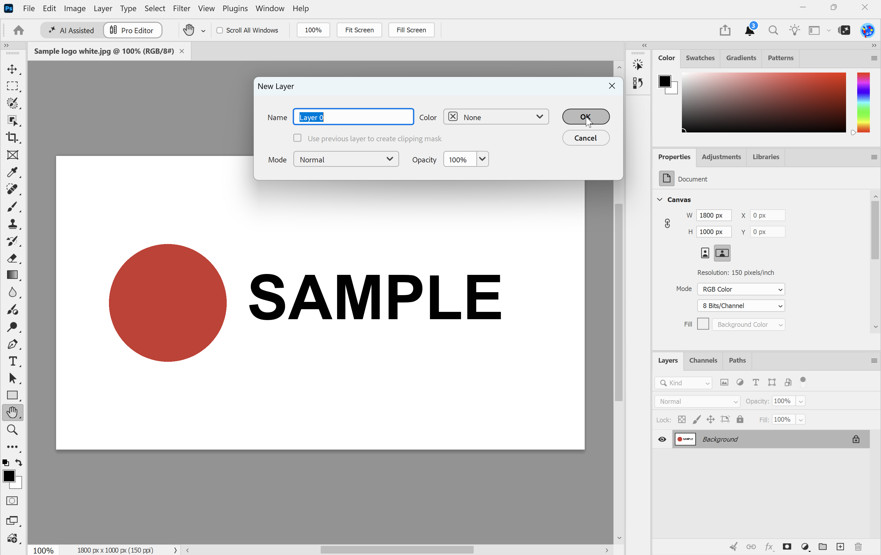 Photoshop New Layer dialog converting a logo's Background layer into Layer 0