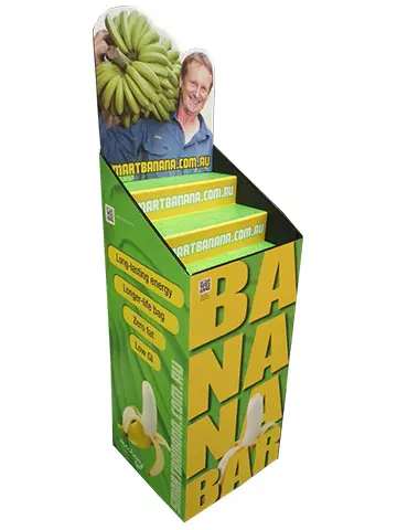 Banana Bar unit with a die-cut grower header, stepped trays and giant yellow lettering