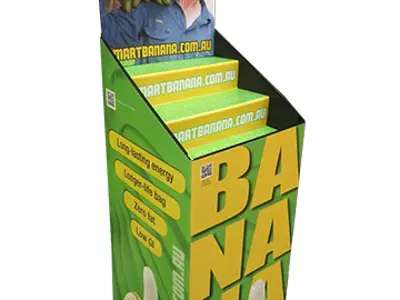 Banana Bar unit with a die-cut grower header, stepped trays and giant yellow lettering