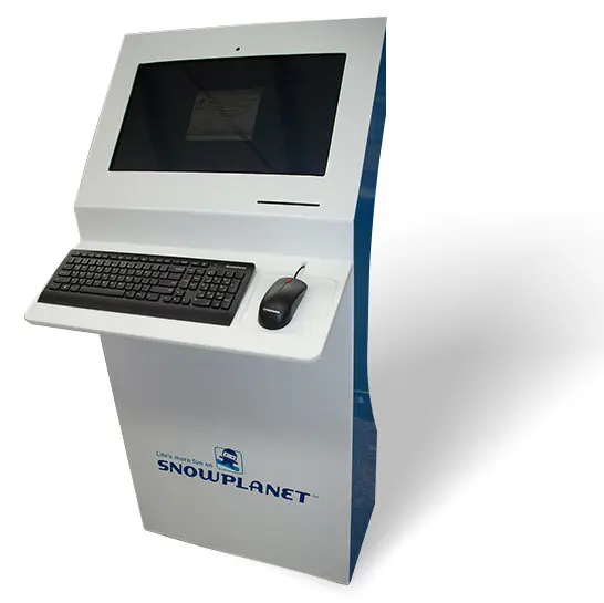 Freestanding Snowplanet kiosk with an angled recessed screen above a keyboard and mouse shelf