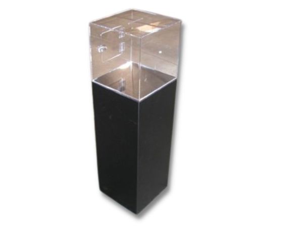 Free-standing entry box with a black base and a clear acrylic cube on top