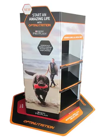 Purina Pro Plan unit with a large dog image, side shelves and a shaped base