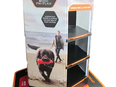 Purina Pro Plan unit with a large dog image, side shelves and a shaped base