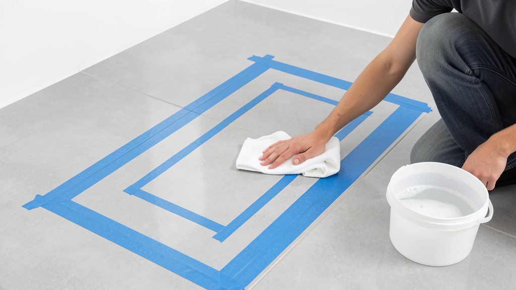 Hand drying a cleaned tiled floor with a lint-free cloth inside a taped-out area, bucket beside it