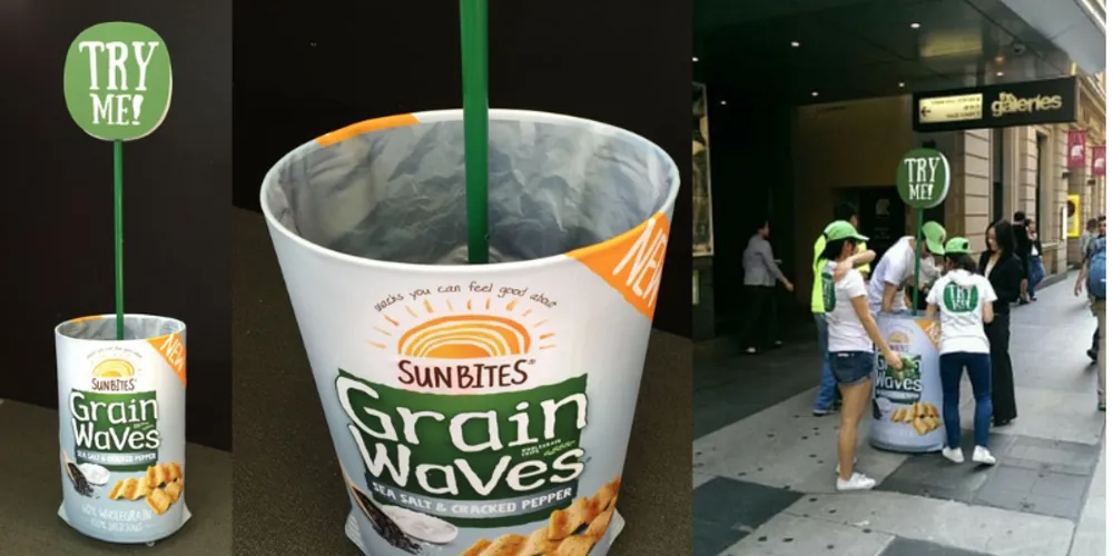 Giant Grain Waves bucket and Try Me stand in a shopping centre walkway
