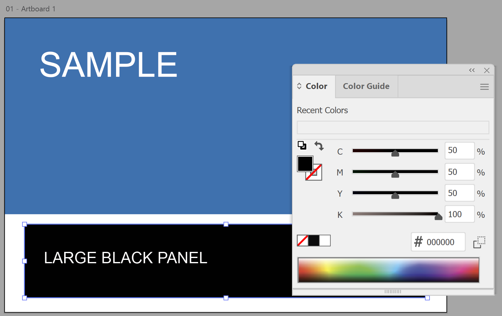 Illustrator Color panel showing rich black C 50, M 50, Y 50, K 100 on a selected large black panel