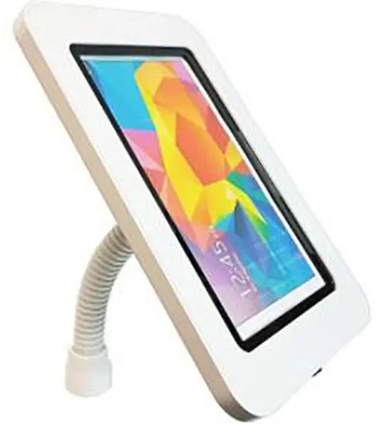 White tablet enclosure on a ribbed flexible gooseneck arm