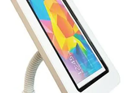 White tablet enclosure on a ribbed flexible gooseneck arm
