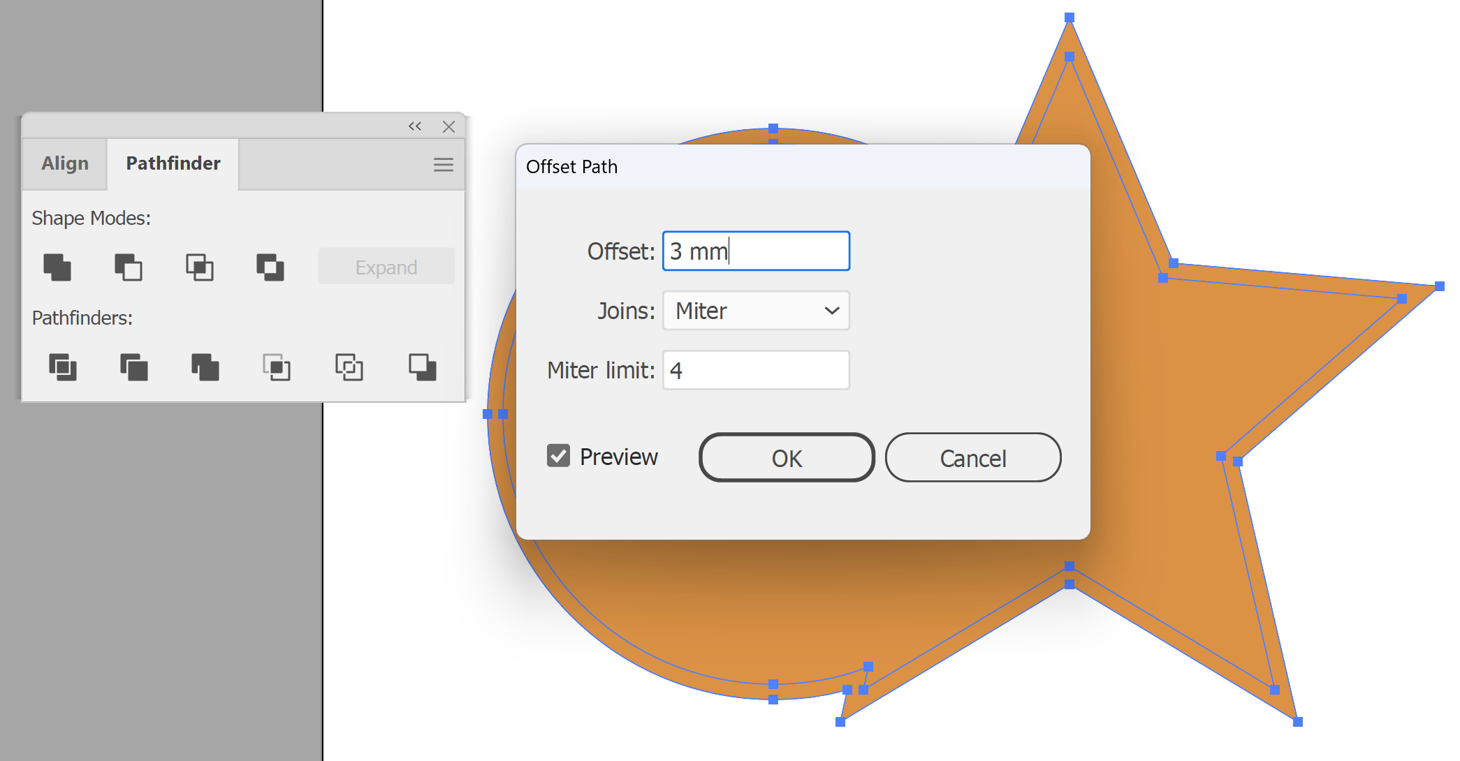Illustrator Offset Path dialog with a positive Offset value