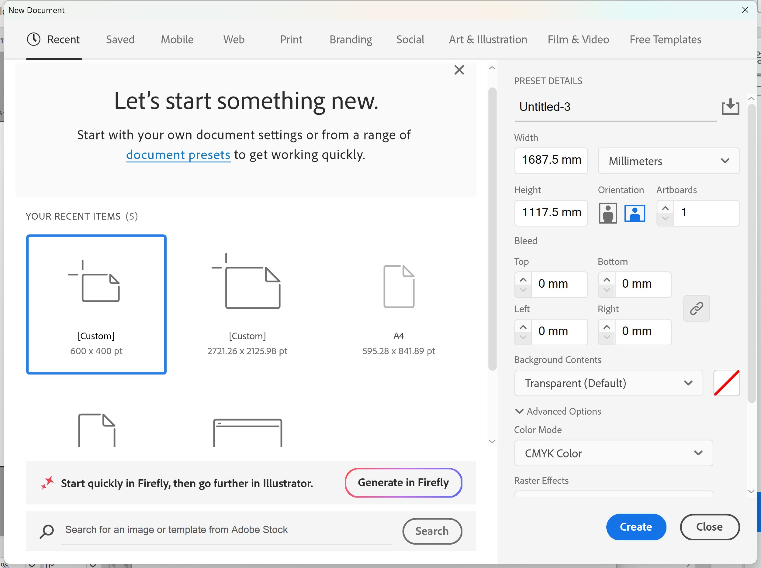 Illustrator New Document set to 1687.5 x 1117.5mm for a pop-up wall template at 50%