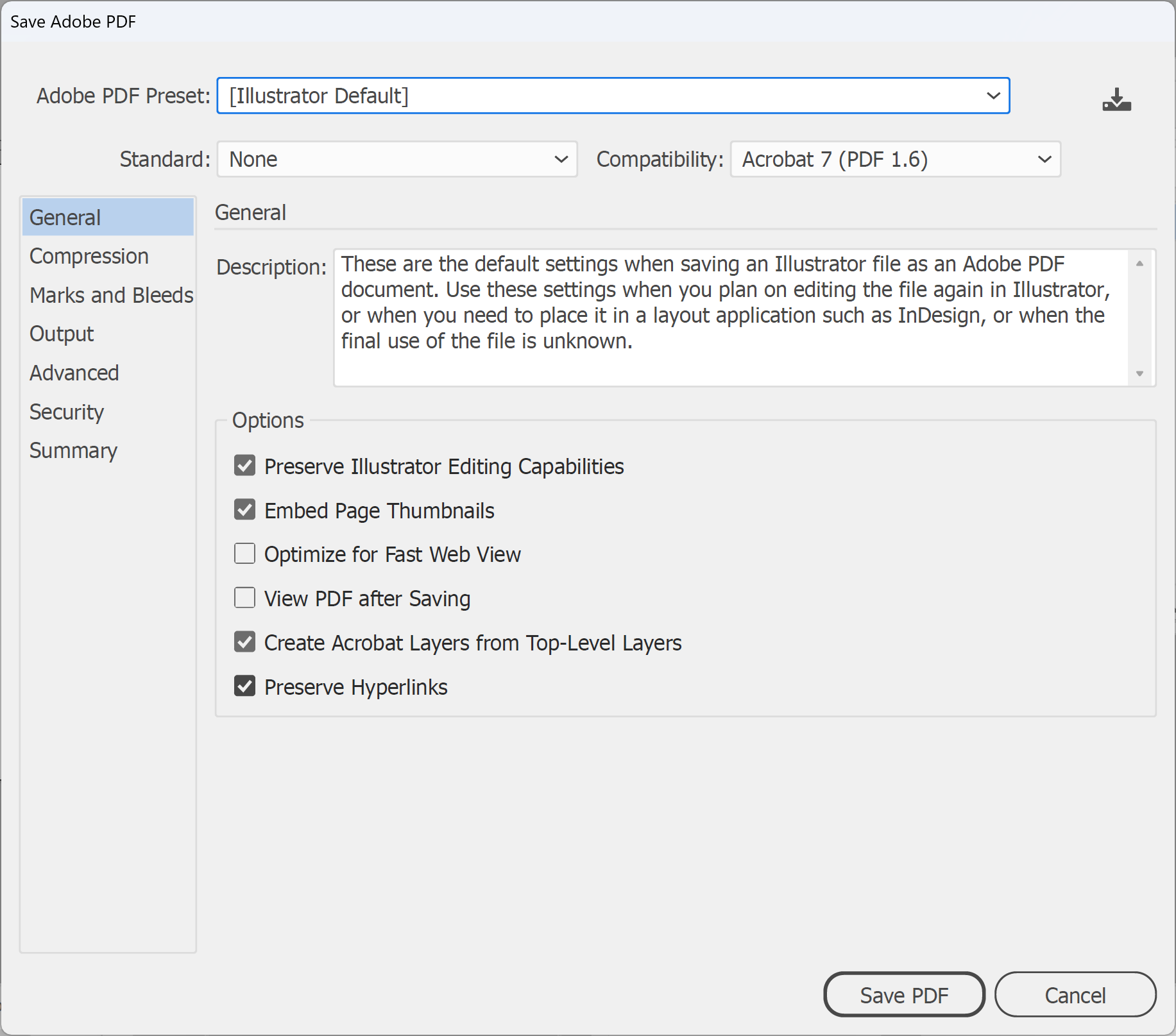 Illustrator Save Adobe PDF dialog with Compatibility set to Acrobat 7 (PDF 1.6)