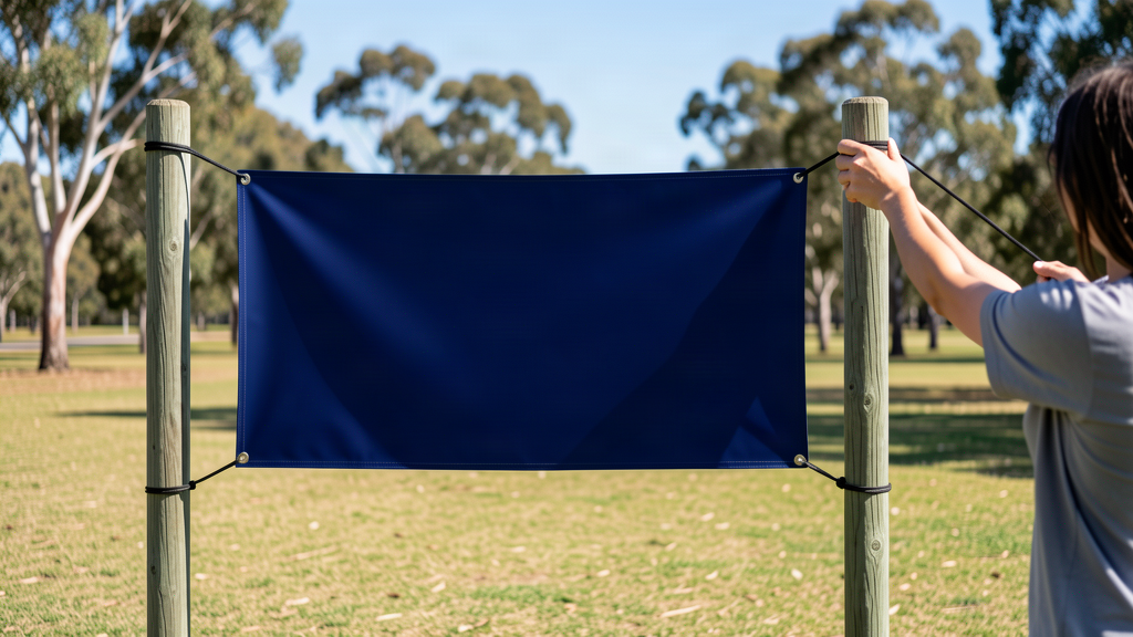 PVC banner being tensioned between two posts with bungee cords