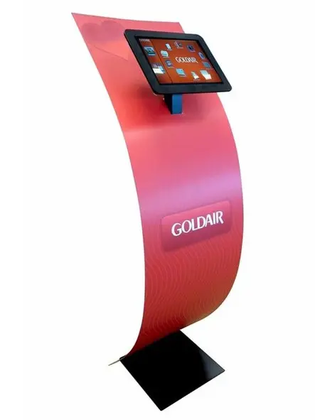 Goldair stand with a tablet mounted on top of a tall red curved panel