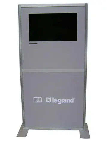 Grey panel with a landscape screen at the top and HPM and Legrand logos below