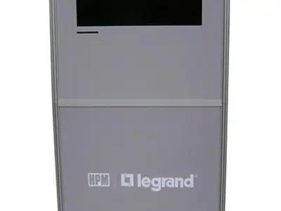 Grey panel with a landscape screen at the top and HPM and Legrand logos below
